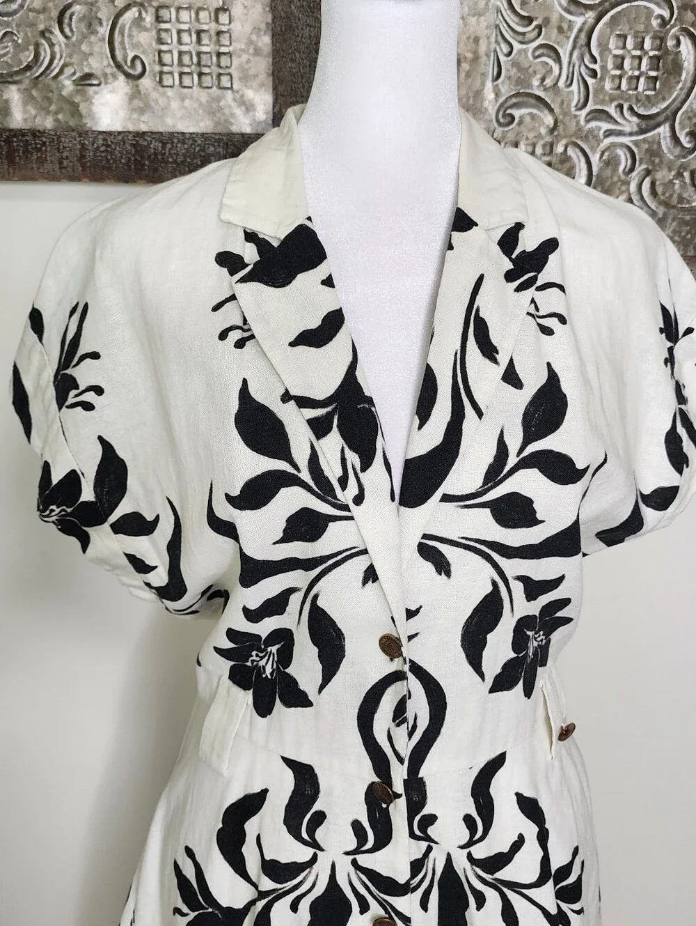 Zara Cream & Black Floral Linen Blend Button-Front Fit-and-Flare Dress Large - Picture 5 of 16